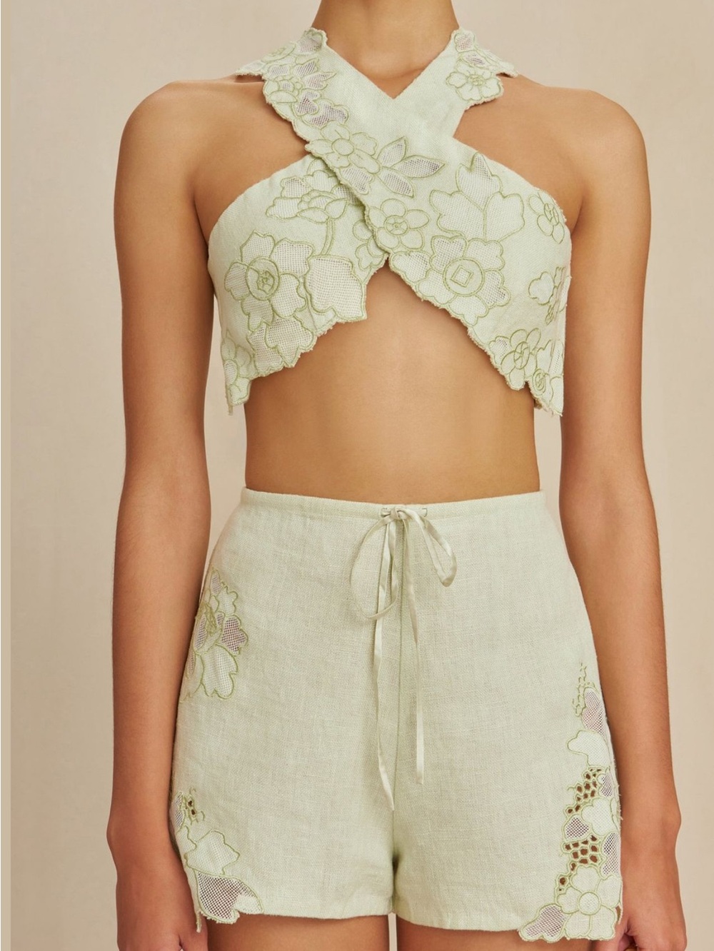 Never Worn Cult Gaia Zuria  Embroidered Linen Shorts in Honeydew
